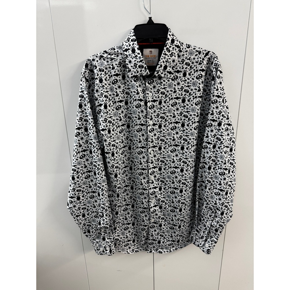 Tom Baine Halloween Collection Slim Fit Shirt Mens L White Black Spooky Print